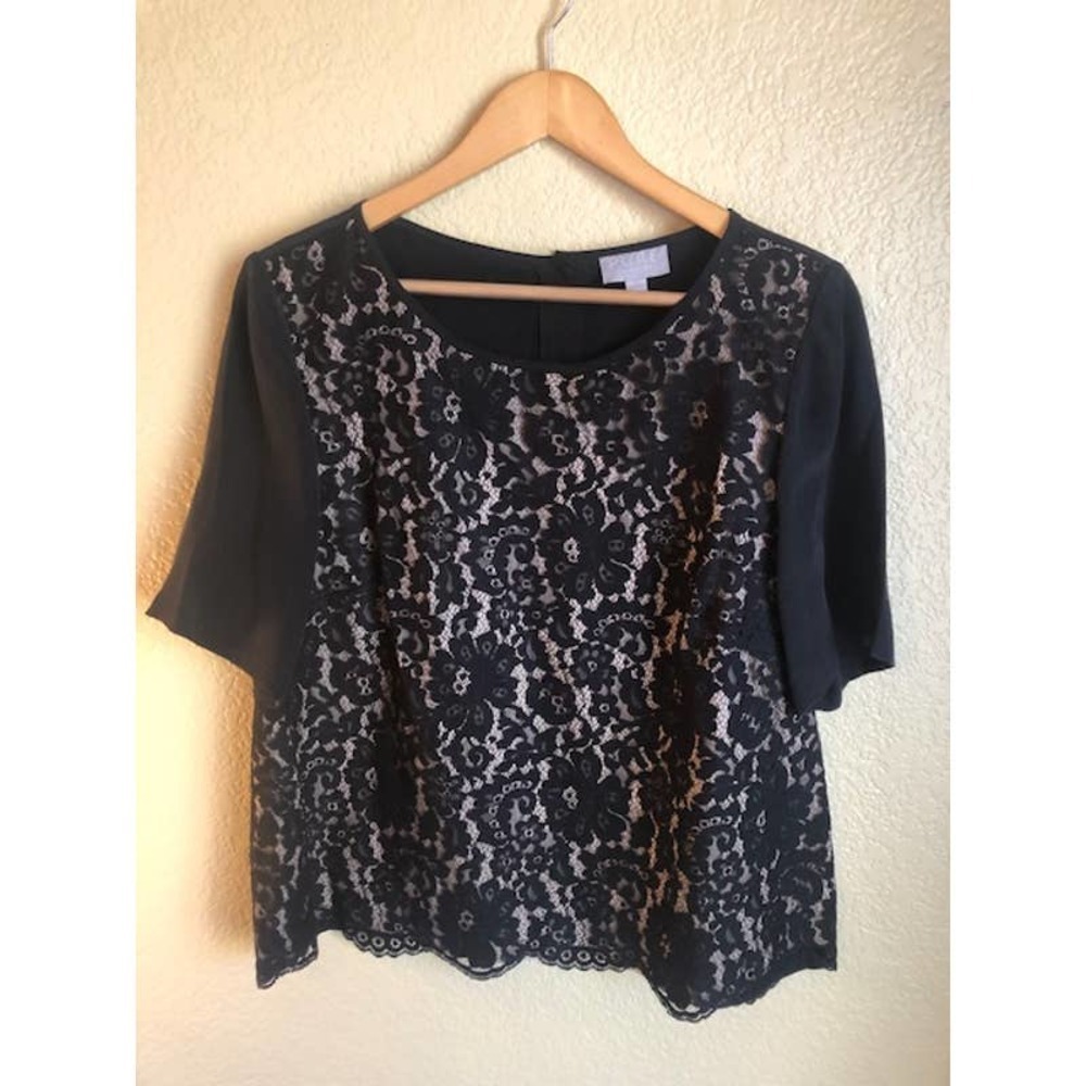Pure Collection Silk Black Blouse w/ Lace Over Beige in front Size 14/16  *